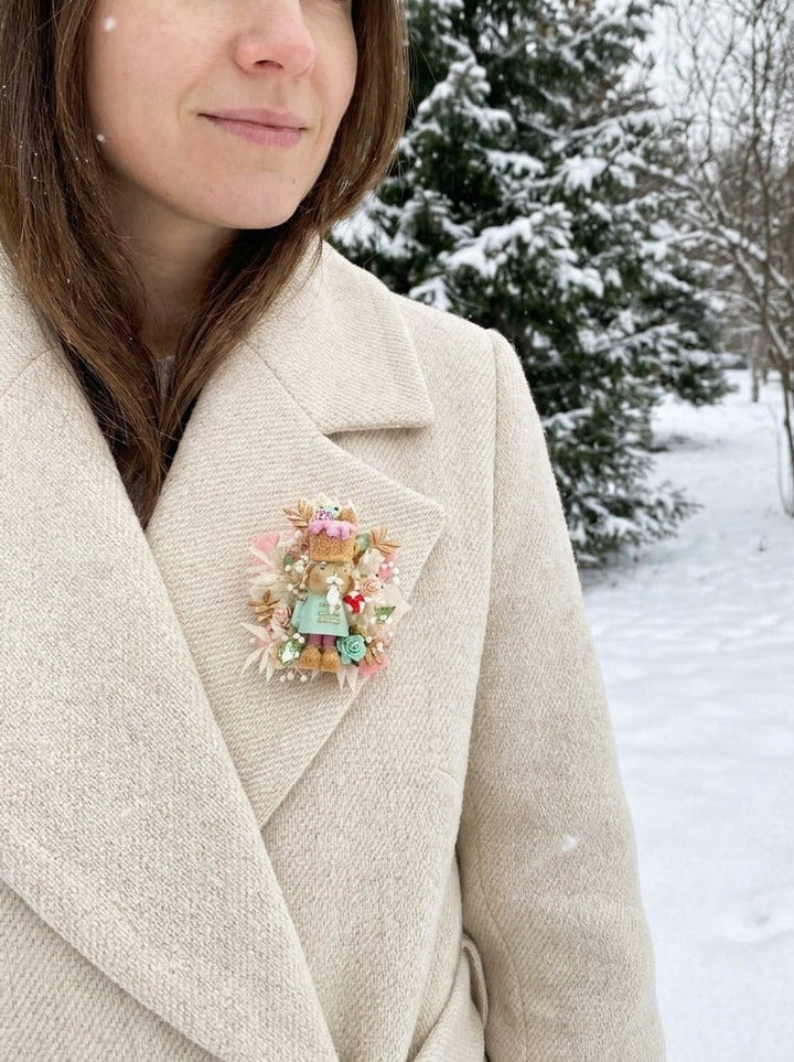 Pastel Nutcracker Christmas Brooch | Mint and Pink Roses and Golden Leaves – handmade floral hair accessory by magaela