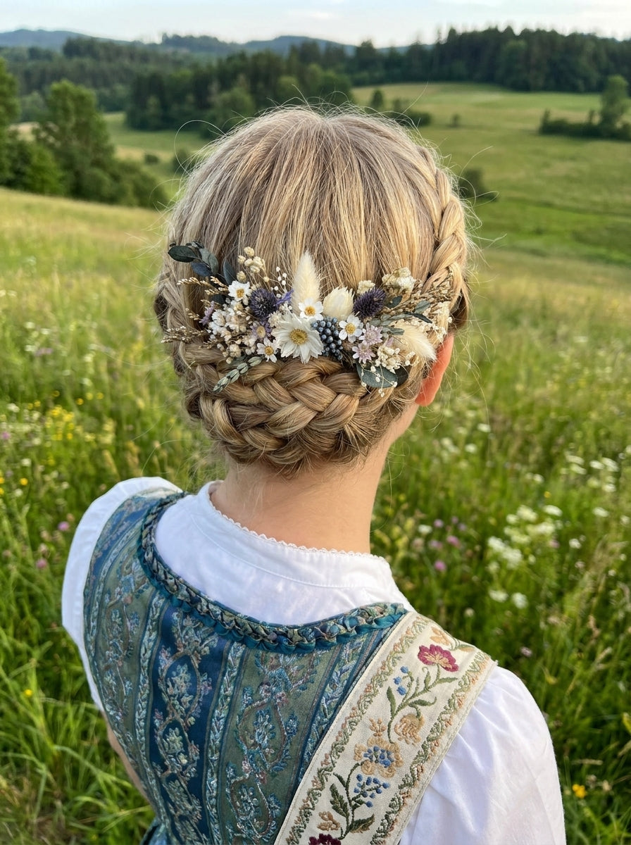 A blonde woman viewed from behind in a grassy meadow, wearing a traditional blue embroidered dirndl and a braided hairstyle adorned with a floral hair accessory.