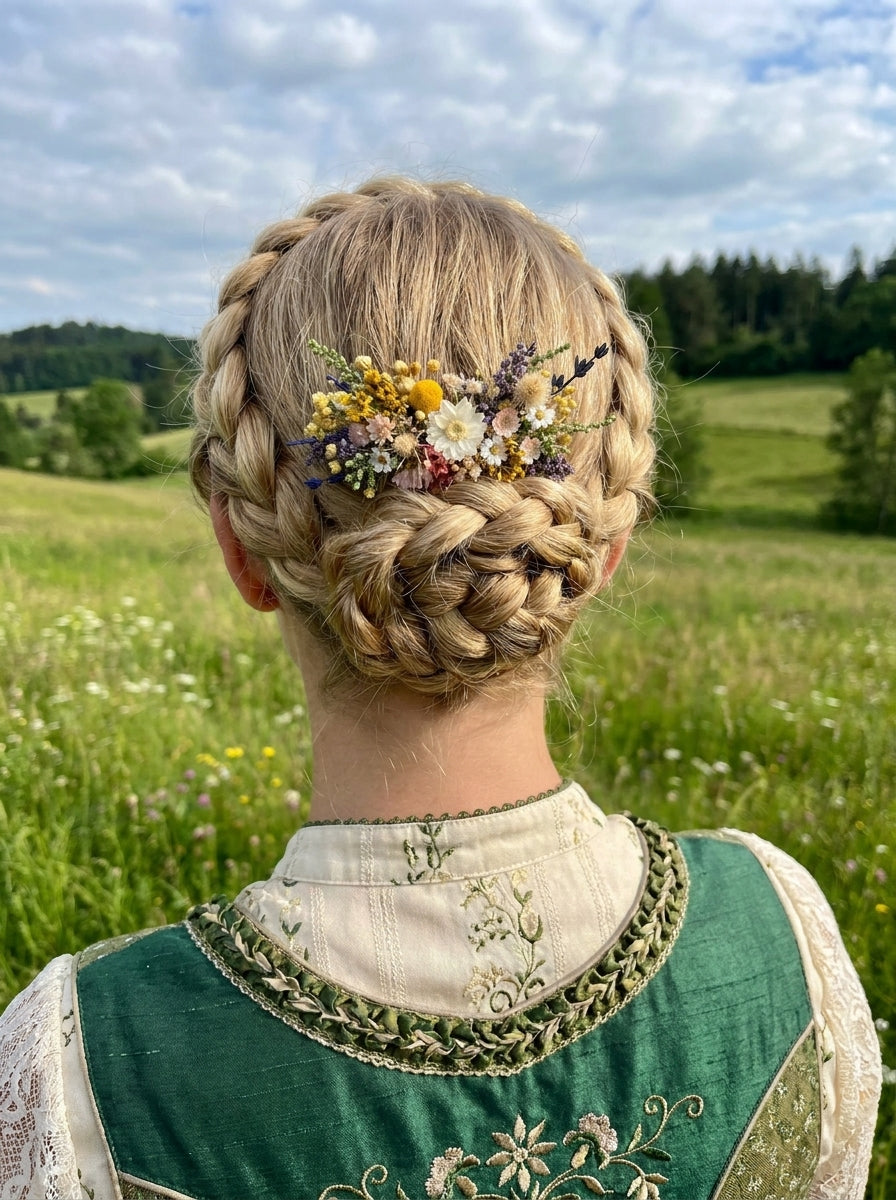 A blonde woman viewed from behind outdoors in a grassy field, wearing a green embroidered traditional-style top and a braided hairstyle adorned with a small multicolor floral hair accessory.