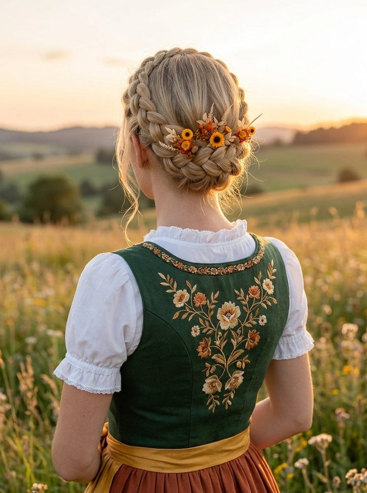 A woman standing in a sunlit field, photographed from behind, wearing a traditional embroidered dirndl with a dark green bodice, white blouse, yellow sash, and rust skirt. Her blonde hair is styled in braids with small wildflower accents.