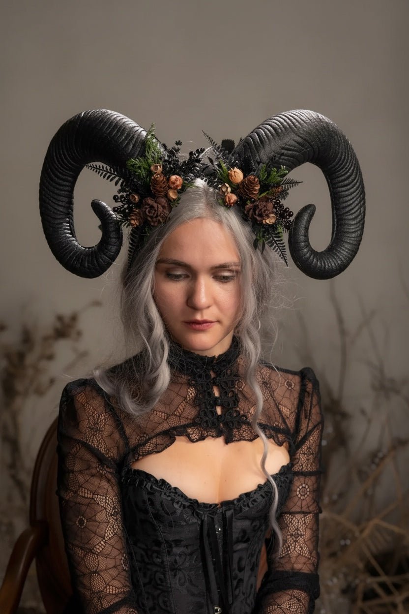 Woodland Horned Crown – Mutton Horn Headband | Fairycore & Pagan Headpiece – handmade floral hair accessory by magaela