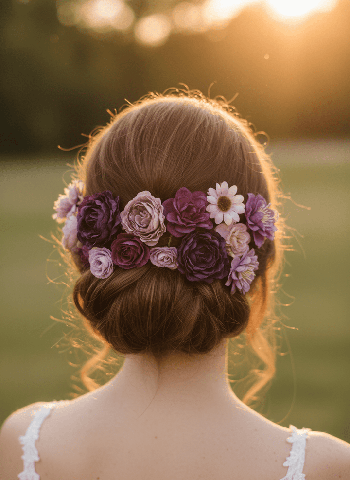 Purple Flower Hairpins: Boho Wedding Hair Accessory Set – handmade floral hair accessory by magaela