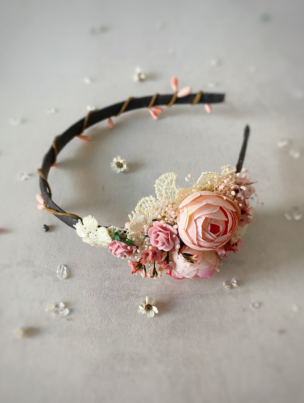 Romantic Blush Peony Headband with Lace – Vintage Floral Hair Accessory – handmade floral hair accessory by magaela