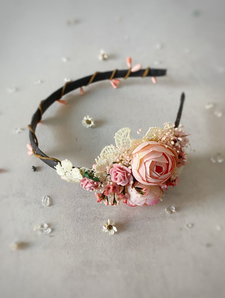 Romantic Blush Peony Headband with Lace – Vintage Floral Hair Accessory – handmade floral hair accessory by magaela