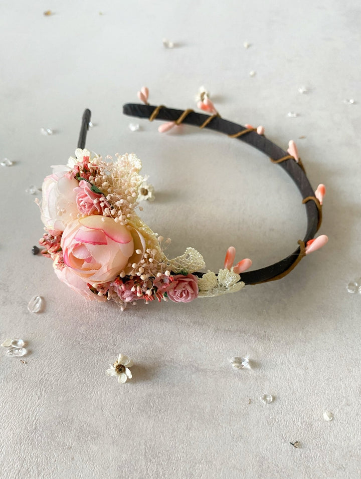 Romantic Blush Peony Headband with Lace – Vintage Floral Hair Accessory – handmade floral hair accessory by magaela