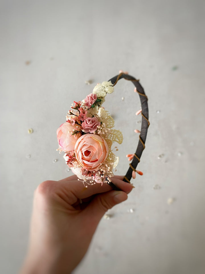 Romantic Blush Peony Headband with Lace – Vintage Floral Hair Accessory – handmade floral hair accessory by magaela