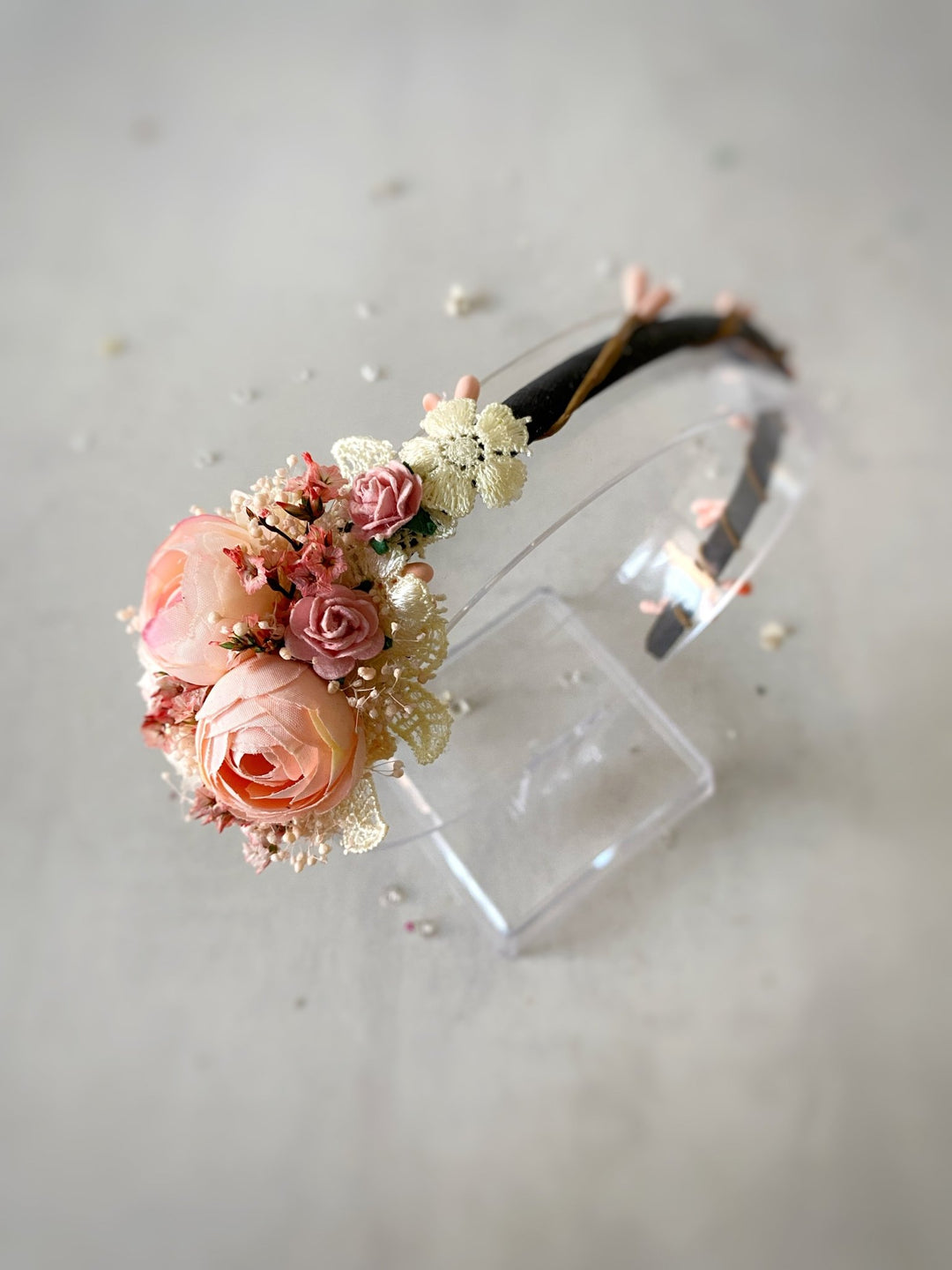 Romantic Blush Peony Headband with Lace – Vintage Floral Hair Accessory – handmade floral hair accessory by magaela
