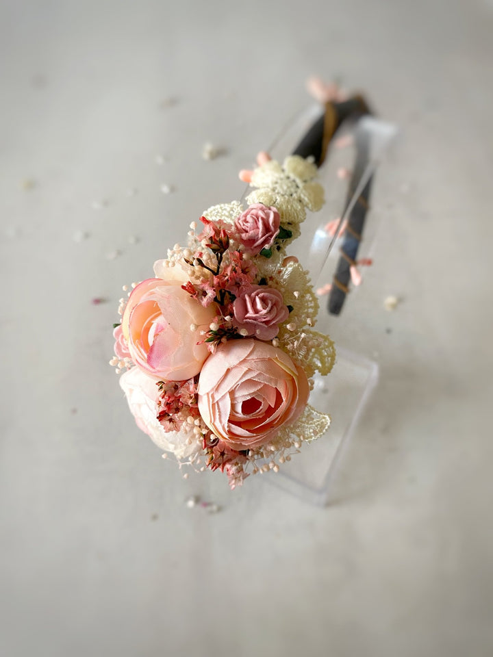 Romantic Blush Peony Headband with Lace – Vintage Floral Hair Accessory – handmade floral hair accessory by magaela