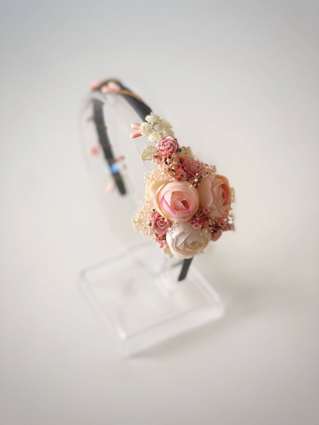 Romantic Blush Peony Headband with Lace – Vintage Floral Hair Accessory – handmade floral hair accessory by magaela
