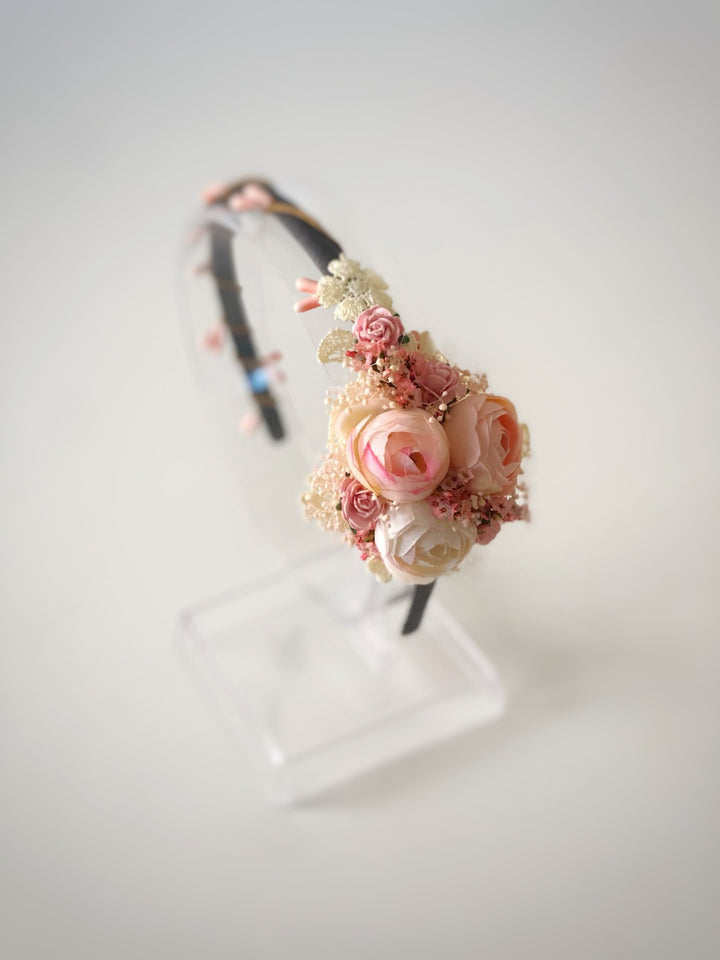 Romantic Blush Peony Headband with Lace – Vintage Floral Hair Accessory – handmade floral hair accessory by magaela