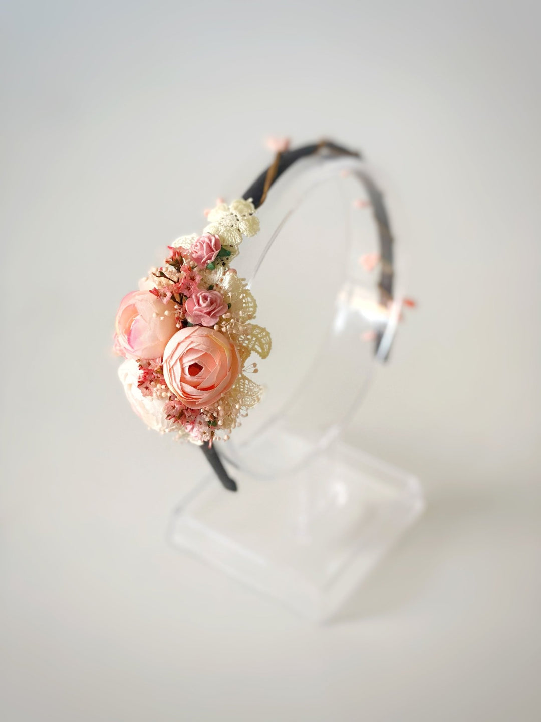 Romantic Blush Peony Headband with Lace – Vintage Floral Hair Accessory – handmade floral hair accessory by magaela