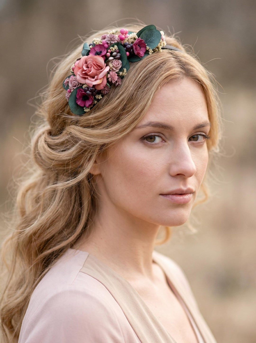Romantic flower headband with roses, poppies and eucalyptus - dusty pink and burgundy headpiece – handmade floral hair accessory by magaela