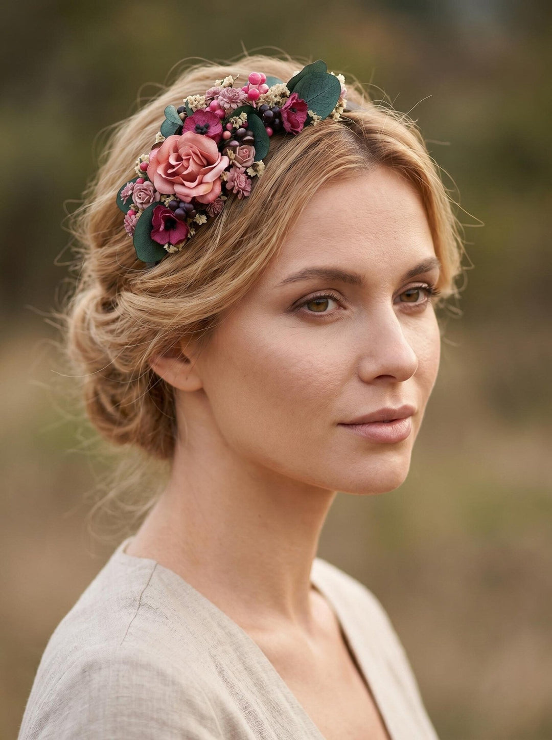 Romantic flower headband with roses, poppies and eucalyptus - dusty pink and burgundy headpiece – handmade floral hair accessory by magaela