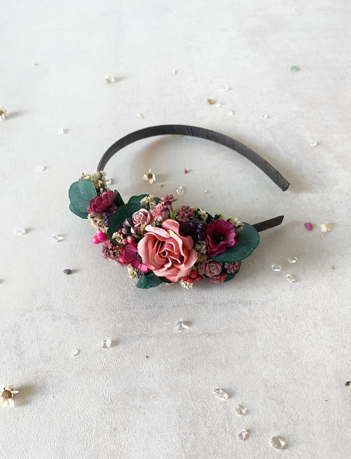 Romantic flower headband with roses, poppies and eucalyptus - dusty pink and burgundy headpiece – handmade floral hair accessory by magaela