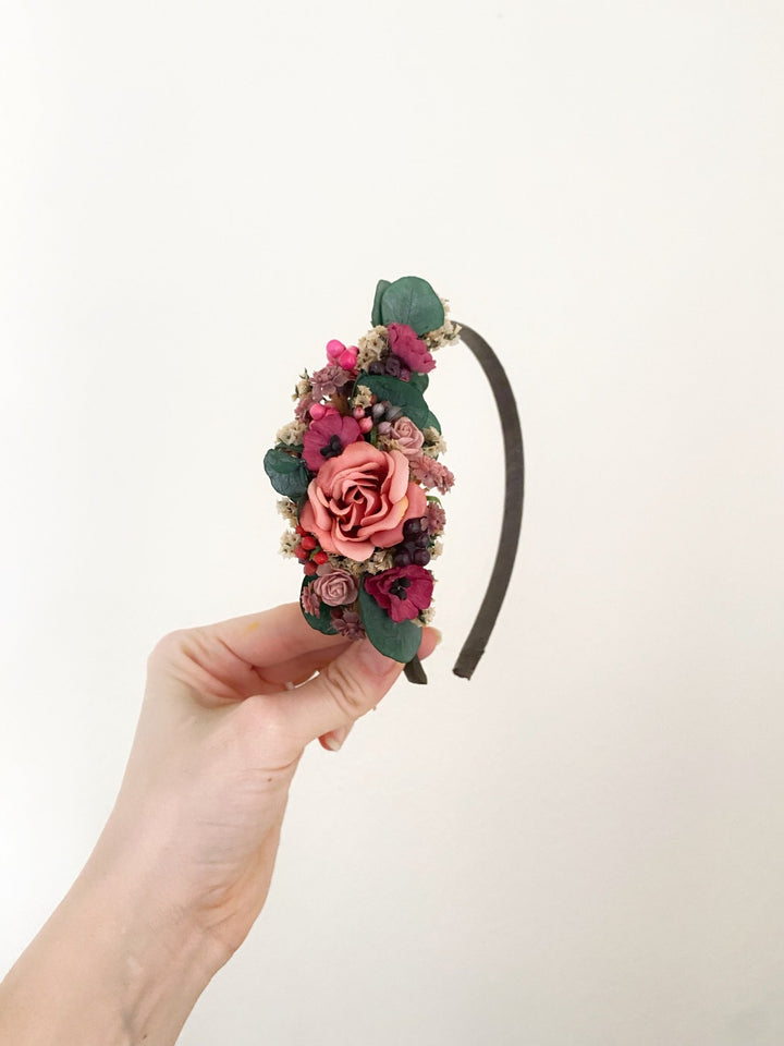 Romantic flower headband with roses, poppies and eucalyptus - dusty pink and burgundy headpiece – handmade floral hair accessory by magaela