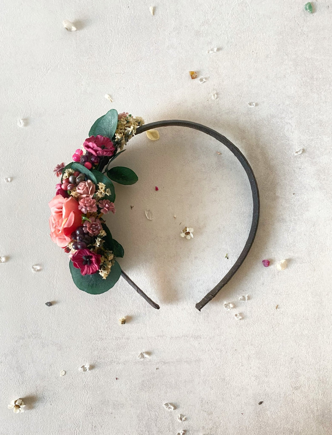 Romantic flower headband with roses, poppies and eucalyptus - dusty pink and burgundy headpiece – handmade floral hair accessory by magaela