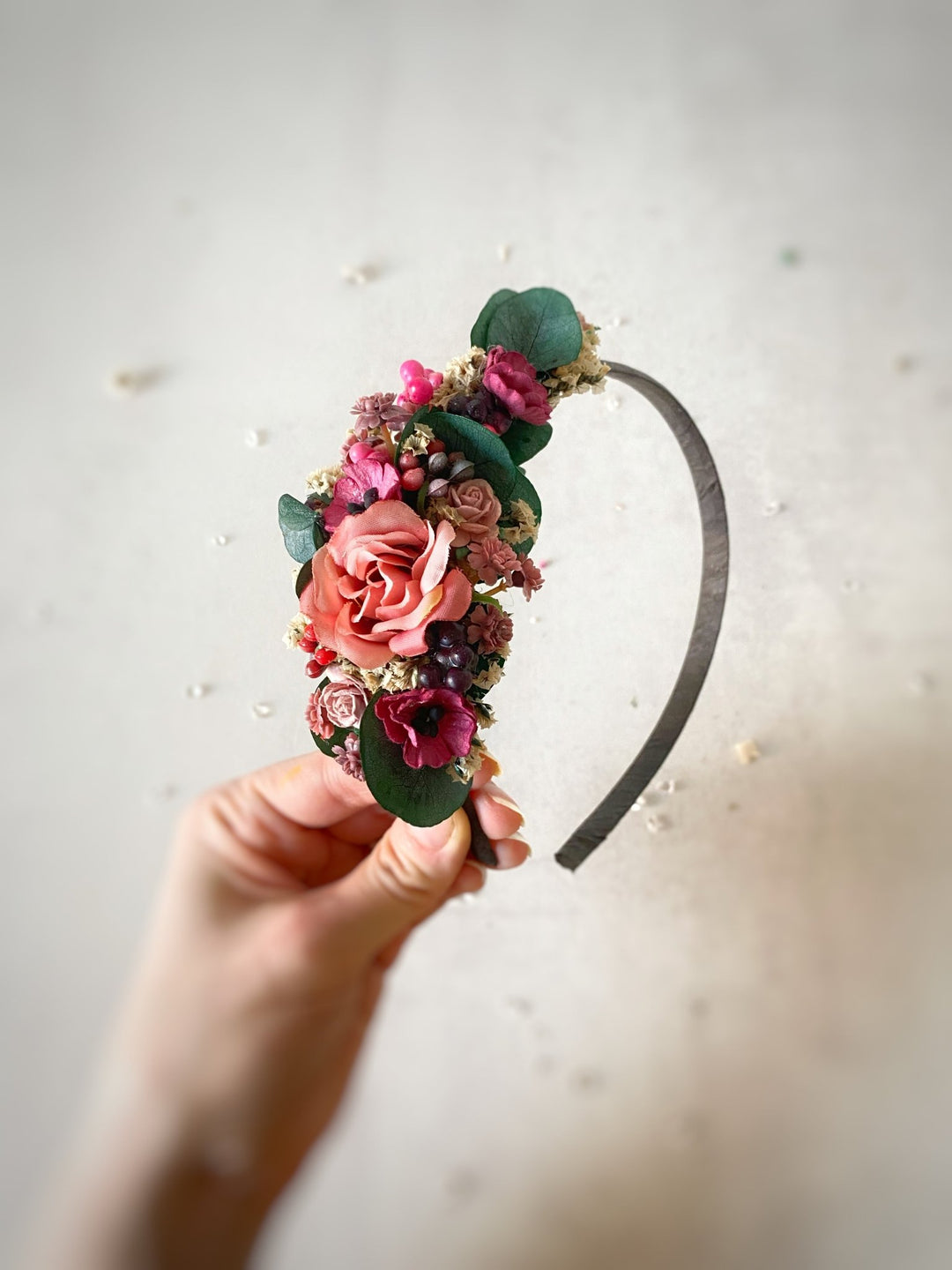 Romantic flower headband with roses, poppies and eucalyptus - dusty pink and burgundy headpiece – handmade floral hair accessory by magaela
