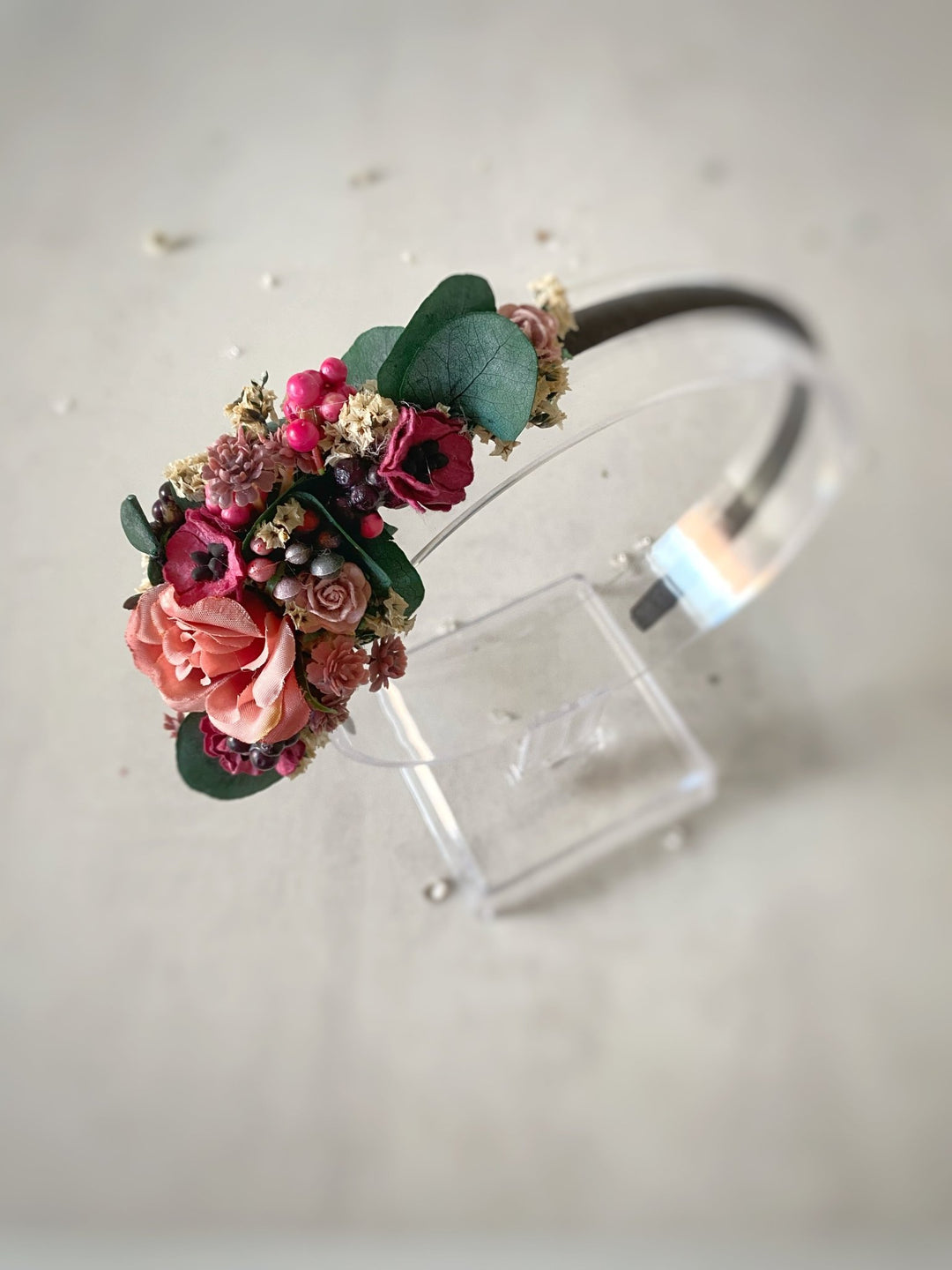 Romantic flower headband with roses, poppies and eucalyptus - dusty pink and burgundy headpiece – handmade floral hair accessory by magaela