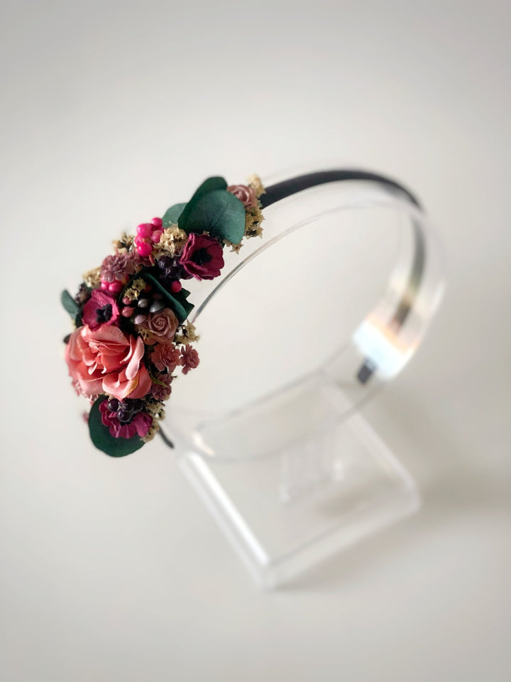 Romantic flower headband with roses, poppies and eucalyptus - dusty pink and burgundy headpiece – handmade floral hair accessory by magaela