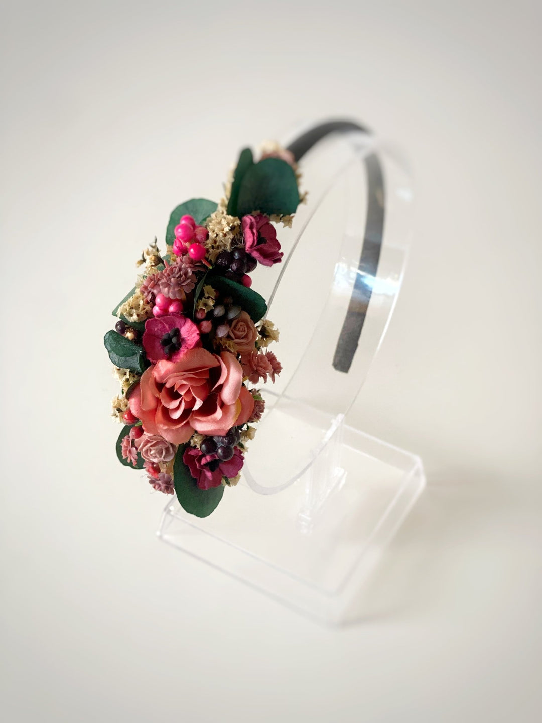 Romantic flower headband with roses, poppies and eucalyptus - dusty pink and burgundy headpiece – handmade floral hair accessory by magaela