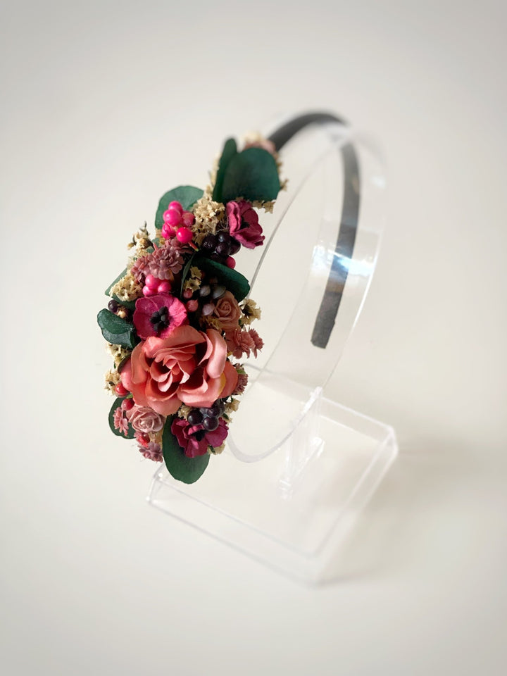 Romantic flower headband with roses, poppies and eucalyptus - dusty pink and burgundy headpiece – handmade floral hair accessory by magaela
