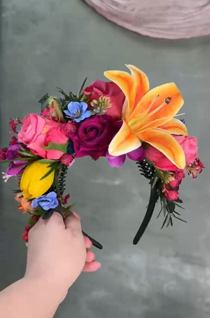 Frida Flower Headband: Lily, Fuchsia, Summer Wedding Headpiece – handmade floral hair accessory by magaela