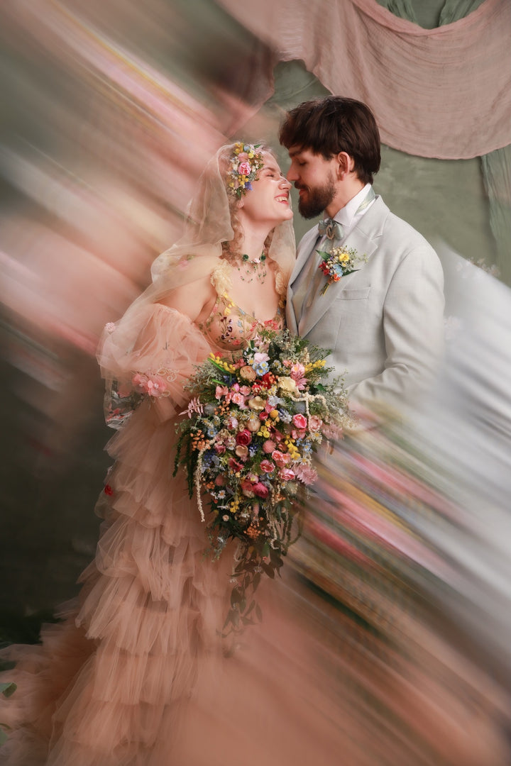 Cascading Wildflower Bridal Bouquet – Vintage Bridgerton Inspired Wedding Bouquet – handmade floral hair accessory by magaela