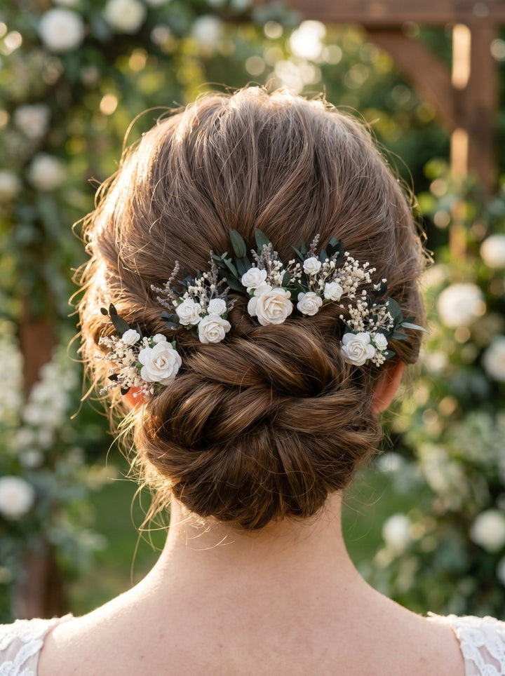 White Rose Hair Pins: Greenery Bridal Hairstyle Accessory – handmade floral hair accessory by magaela
