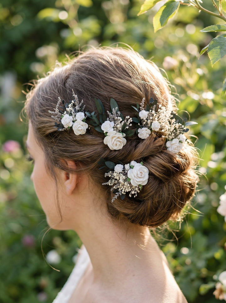 White Rose Hair Pins: Greenery Bridal Hairstyle Accessory – handmade floral hair accessory by magaela