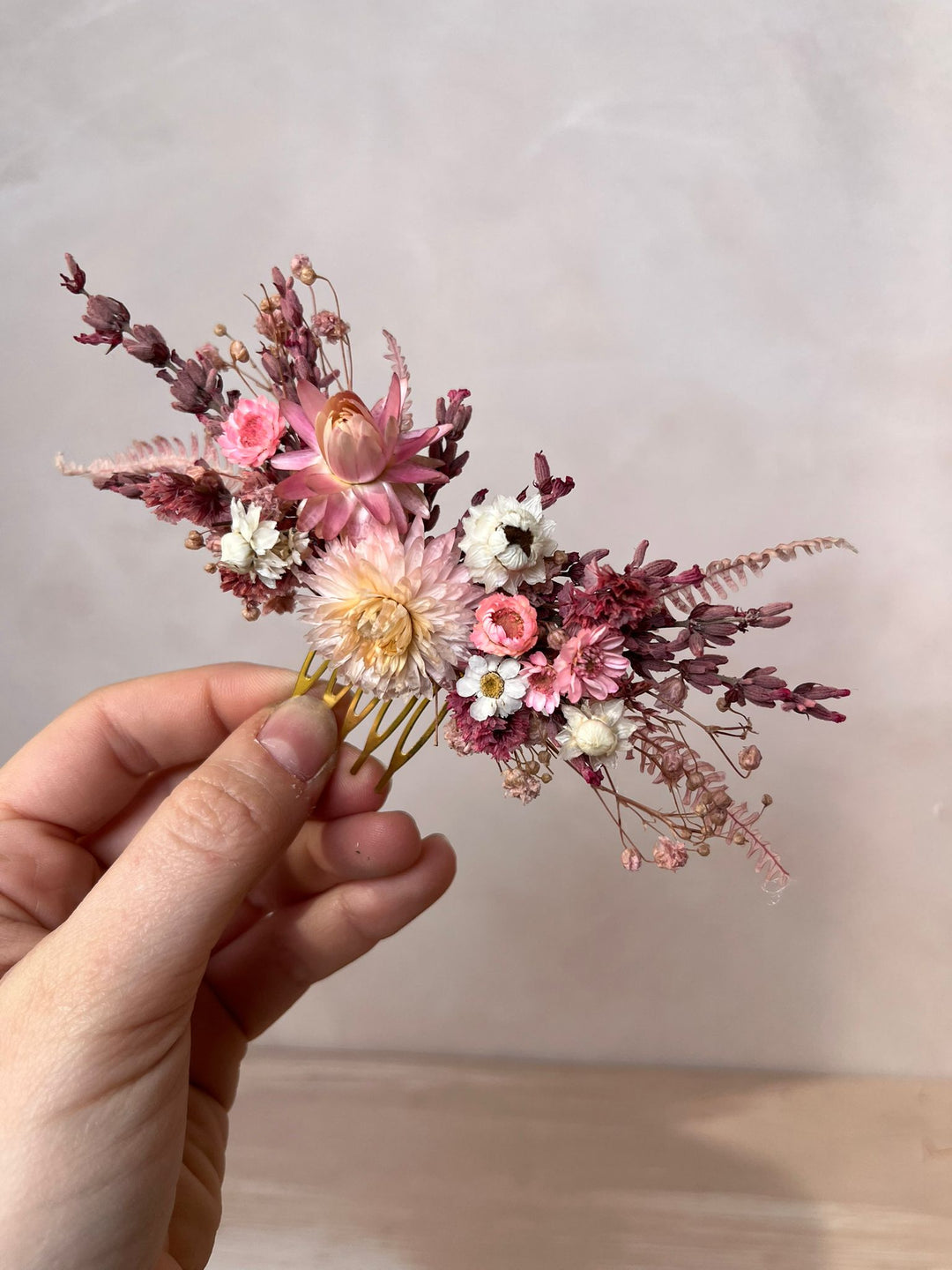 Pink Dried Flower Hair Comb | Helichrysum, Ixodia and Lavender
