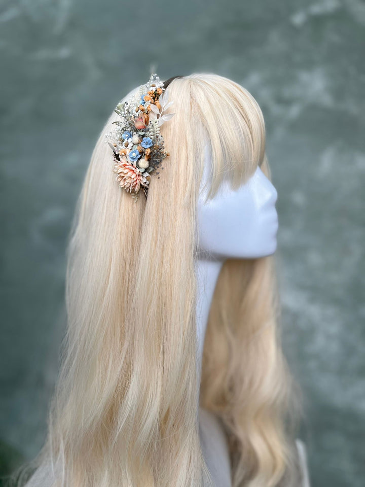 Floral Side Headband with Flowers in Pastel Blue and Blush Peach