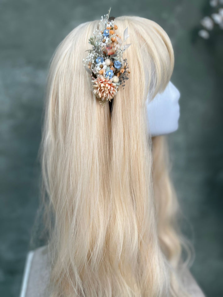 Floral Side Headband with Flowers in Pastel Blue and Blush Peach