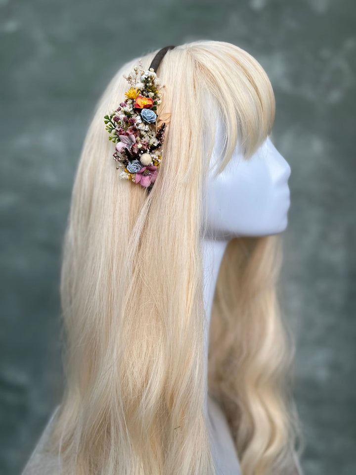 Colorful Wildflower Headband with Blue Rose, Cherry Flowers and Dried Botanicals