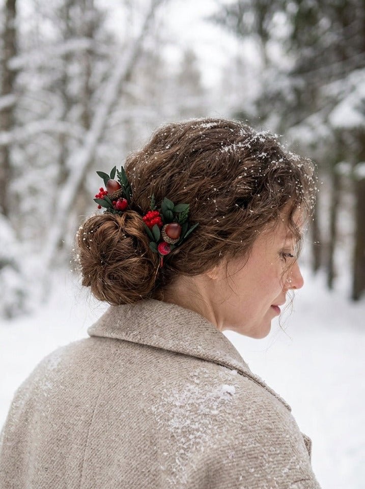 Acorn and Red Berry Bobby Pins | Winter Woodland Hair Accessories – handmade floral hair accessory by magaela
