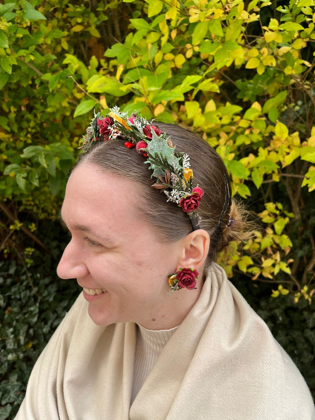 Winter Orange Christmas Accessories – Earrings, Headbands, Brooch & Glass Decorations – handmade floral hair accessory by magaela