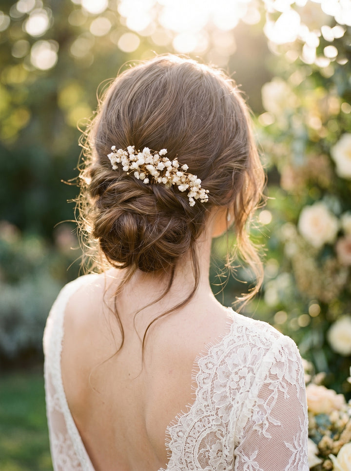 Woman with styled hair and floral accessory from preserved baby´s breath, wearing a lace dress, outdoors.