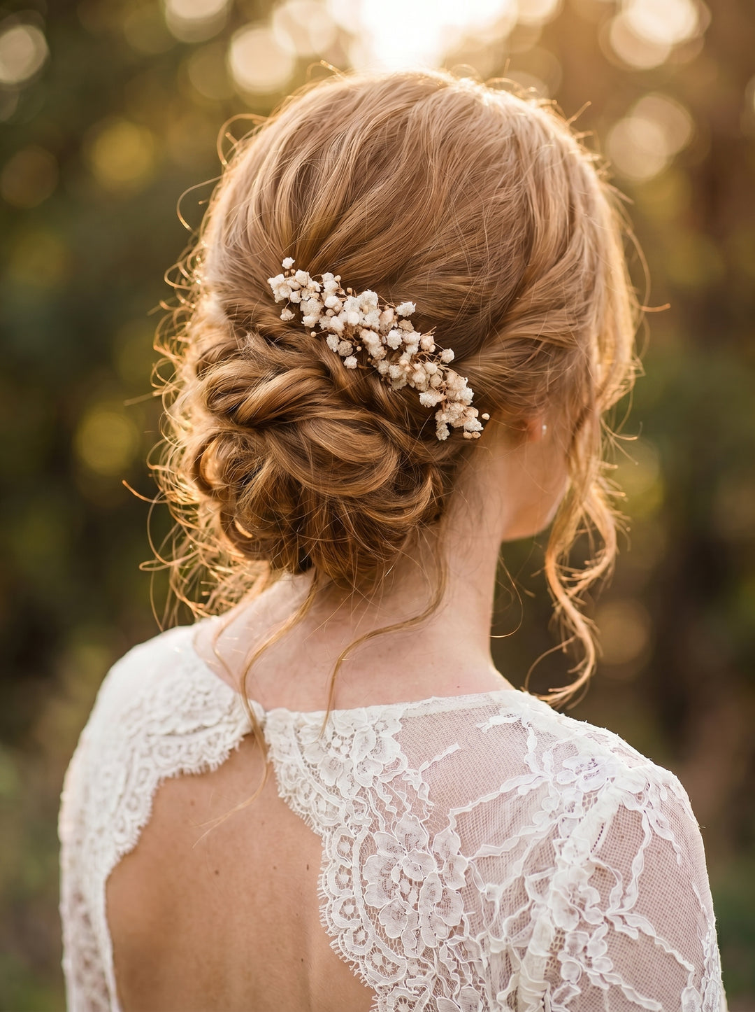 Woman with styled hair with romantic baby´s breath hair comb and lace garment against a blurred natural background