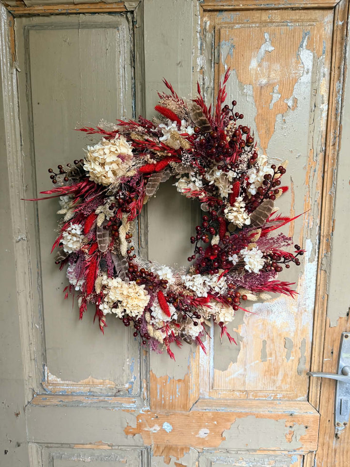 Red and Cream Autumn Door Wreath with Hydrangea and Feathers, 45 cm – handmade floral hair accessory by magaela