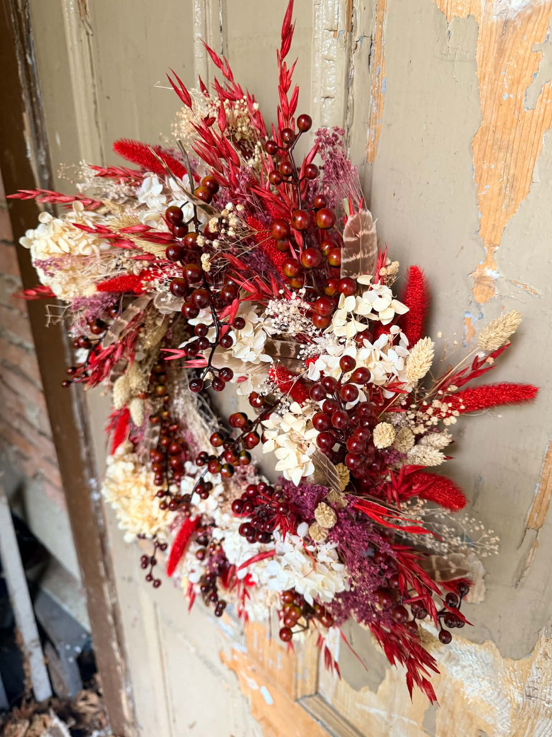 Red and Cream Autumn Door Wreath with Hydrangea and Feathers, 45 cm – handmade floral hair accessory by magaela
