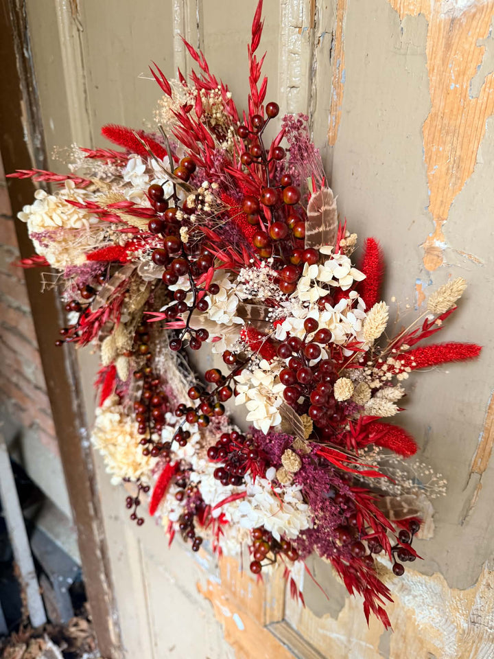 Red and Cream Autumn Door Wreath with Hydrangea and Feathers, 45 cm – handmade floral hair accessory by magaela