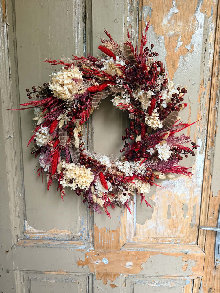 Red and Cream Autumn Door Wreath with Hydrangea and Feathers, 45 cm – handmade floral hair accessory by magaela