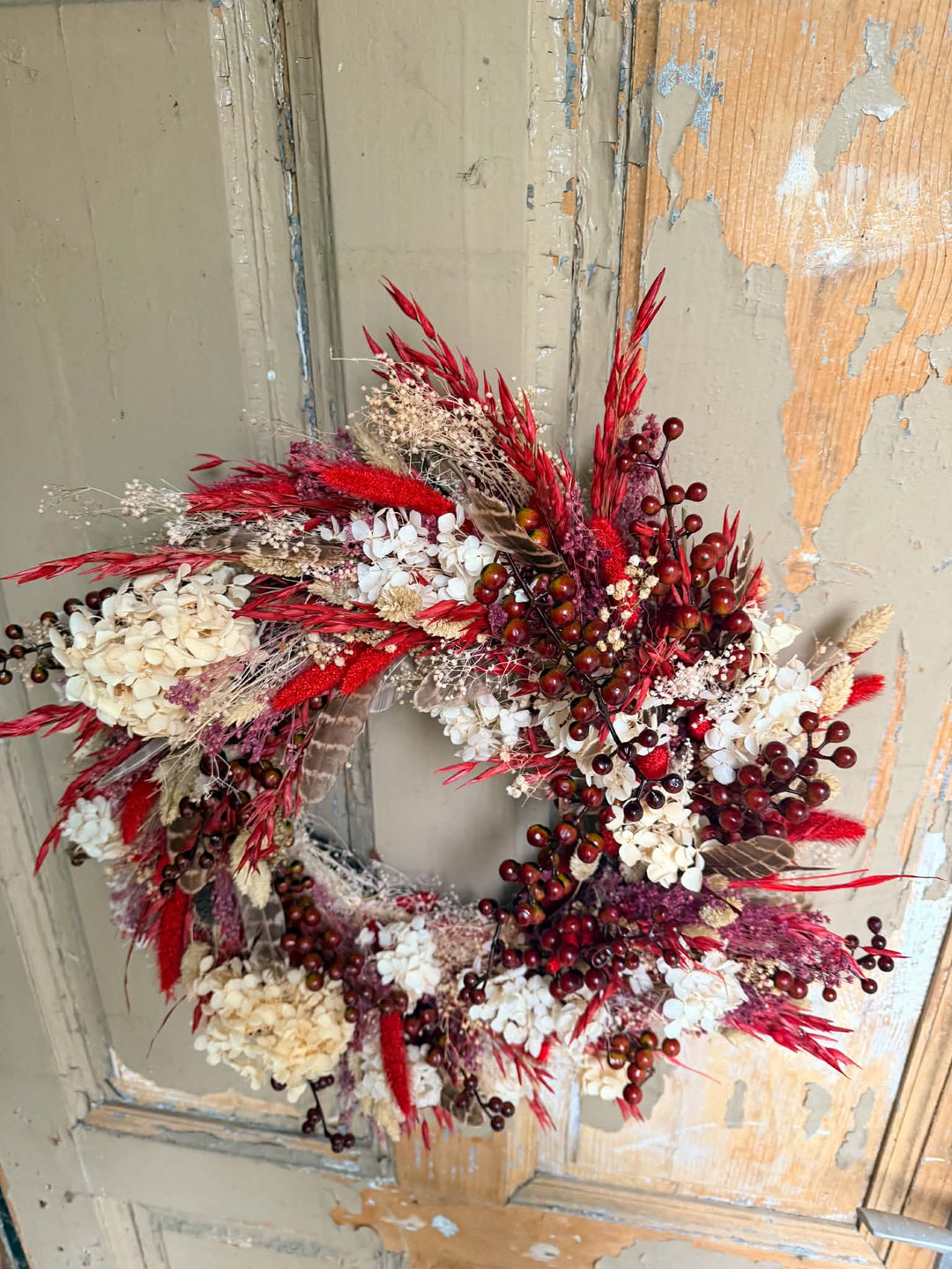 Red and Cream Autumn Door Wreath with Hydrangea and Feathers, 45 cm – handmade floral hair accessory by magaela