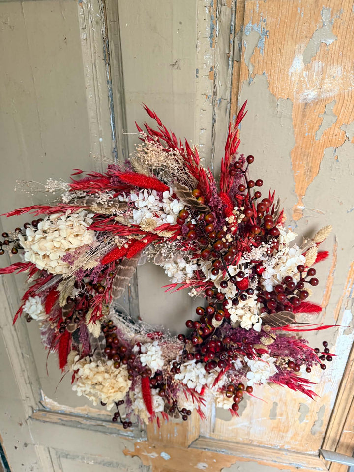 Red and Cream Autumn Door Wreath with Hydrangea and Feathers, 45 cm – handmade floral hair accessory by magaela