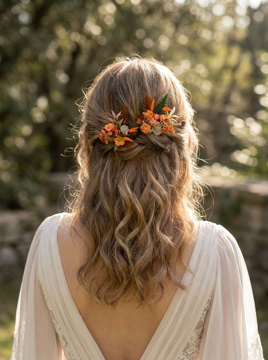 A woman viewed from behind outdoors, wearing a bohemian-style half-updo hair accessory with orange flowers and green leaves in her light brown hair. She is wearing a cream-colored lace dress with a deep V-back.