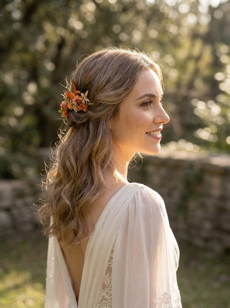A woman in profile wearing a bohemian-style half-updo with a small orange and brown floral hair accessory, set against a soft-focus outdoor background of trees and a stone wall.