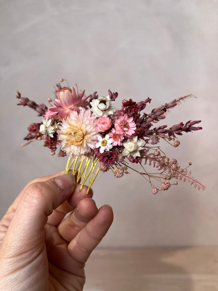 Pink Dried Flower Hair Comb | Helichrysum, Ixodia and Lavender