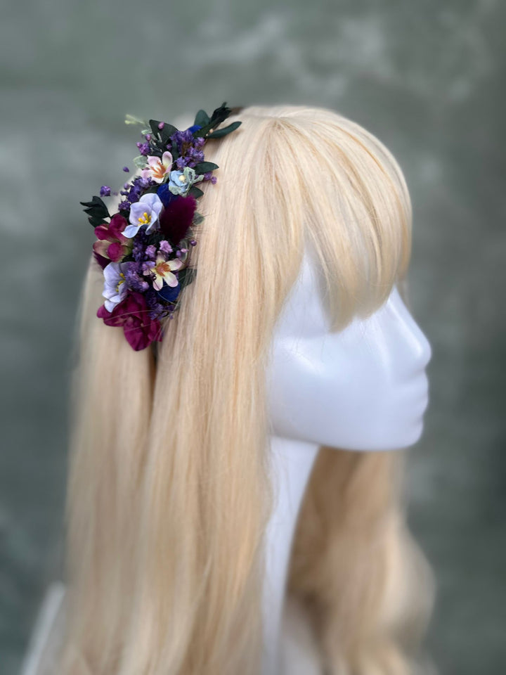 Floral Side Headband with Wildflowers in Deep Purple and Burgundy