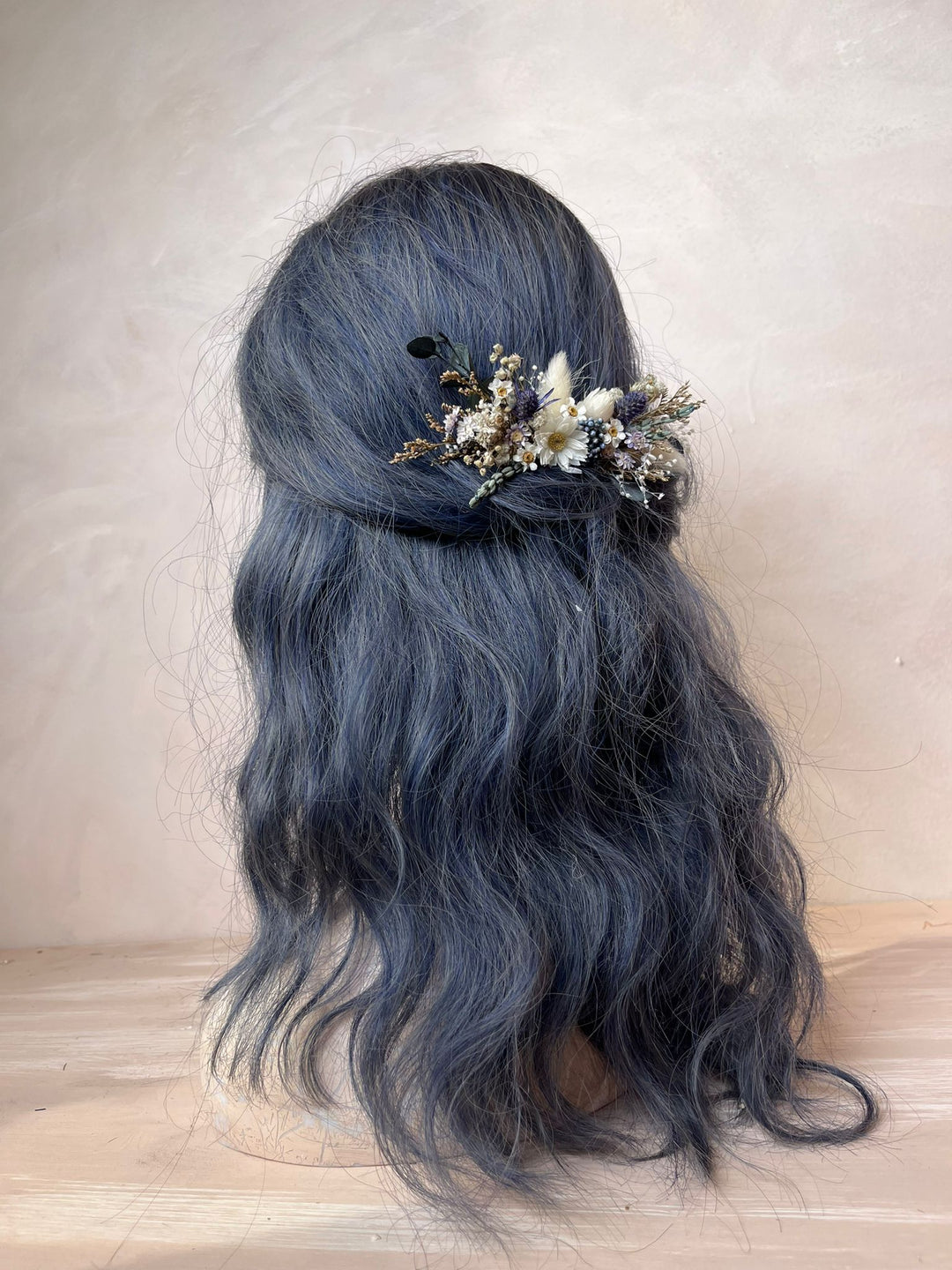 Dried Flower Bridal Hair Comb with Daisies, Thistles and Eucalyptus in Blue, White and Green