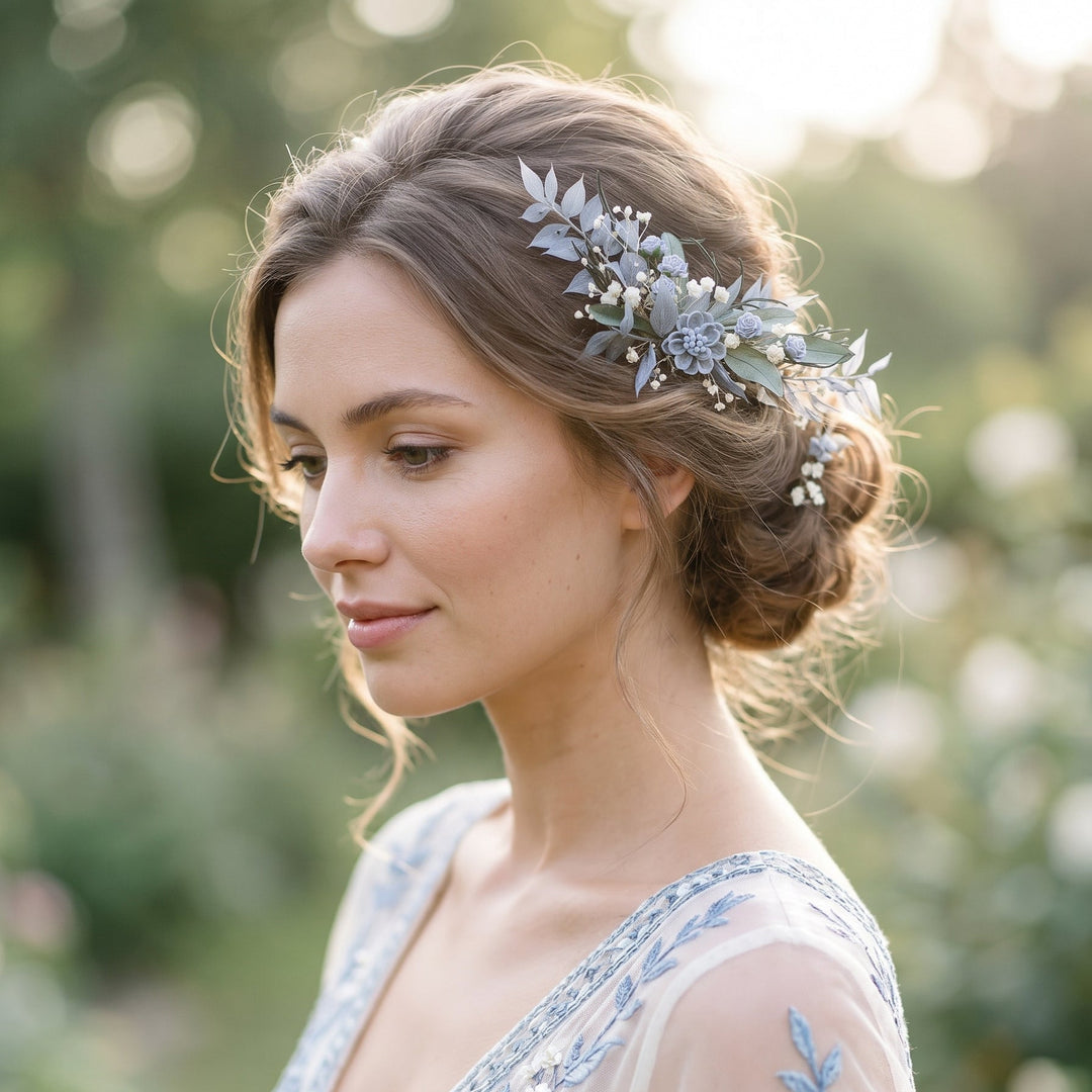 Baby Blue Flower Bridal Hair Comb: Romantic Greenery Hairpiece – handmade floral hair accessory by magaela