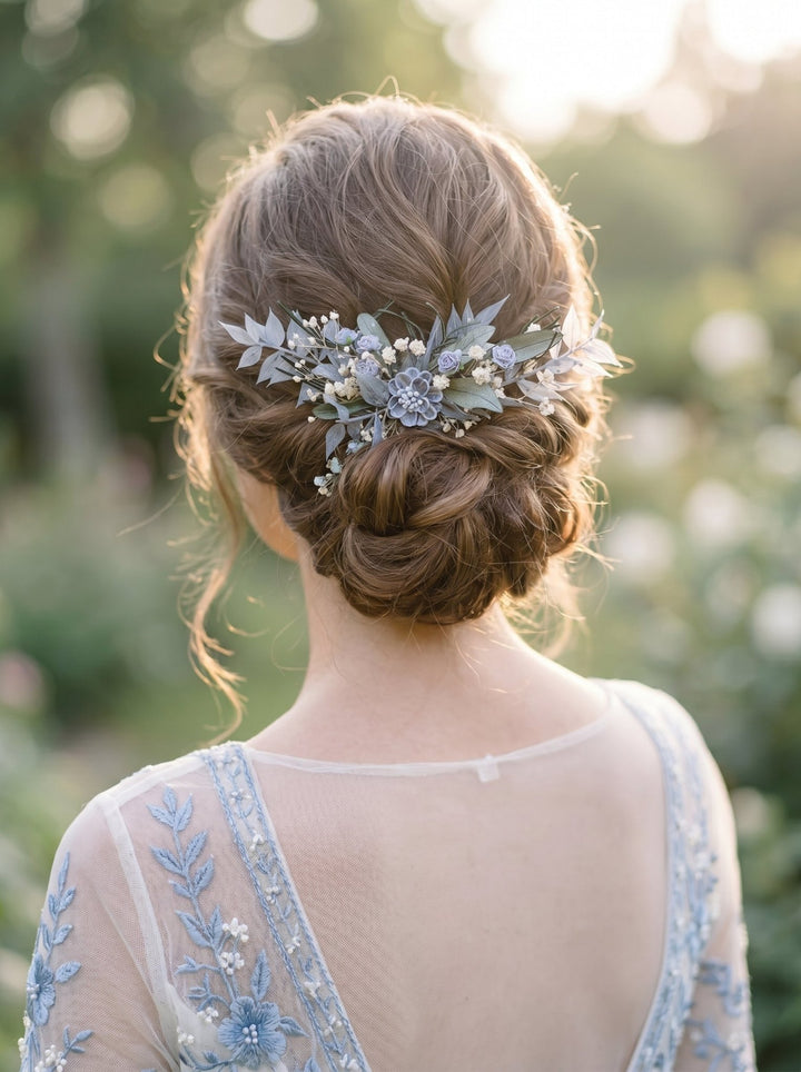 Baby Blue Flower Bridal Hair Comb: Romantic Greenery Hairpiece – handmade floral hair accessory by magaela
